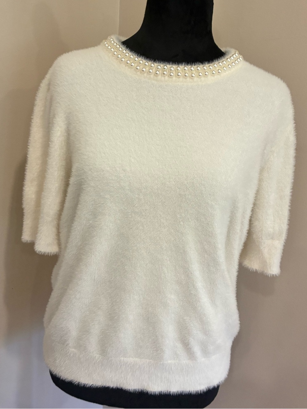 Bailey Ivory Cream Fuzzy Pearl Embellished Sweater 3/4 Sleeve